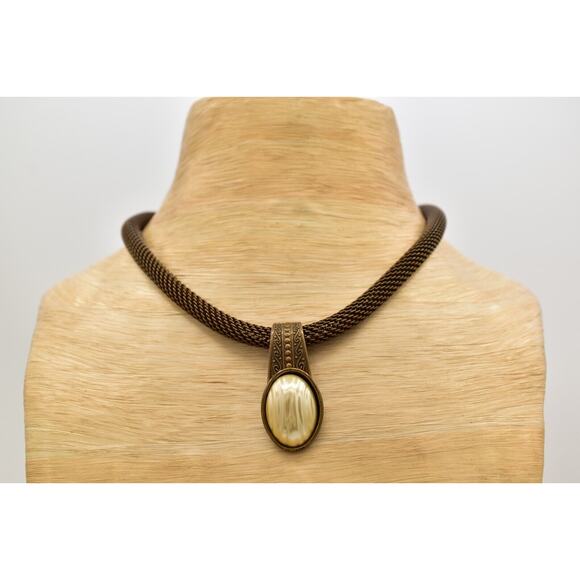 Jan Michaels San Francisco Vintage Necklace Mesh Brass Pearl Chunky Signed BinBM - Picture 1 of 16